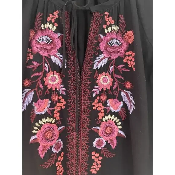 Johnny Was Womens Tunic Black Multicolor Embroidery Size XS Floral Peasant Boho - Picture 2 of 6